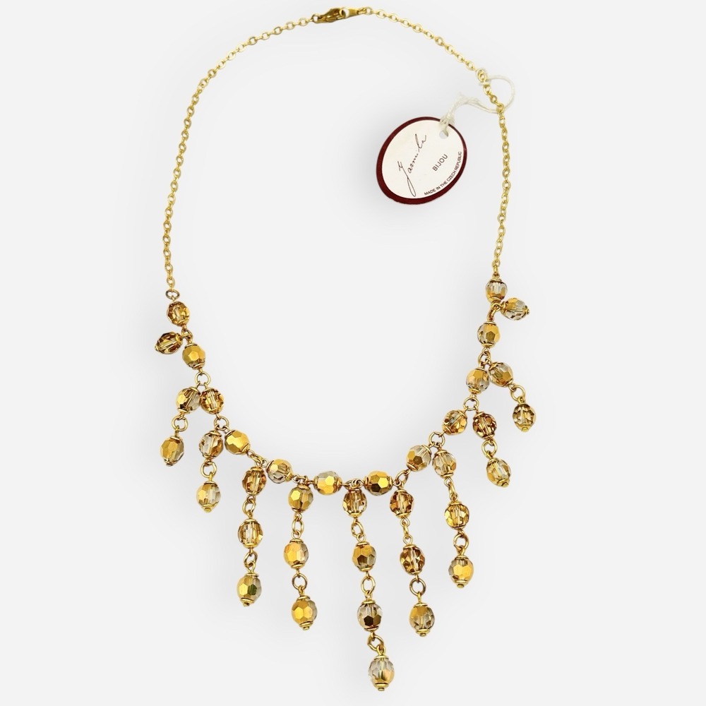 Vintage Jarmila Bijou‎ Bib Necklace Aurora Borealis Crystals Gold Beaded Czech